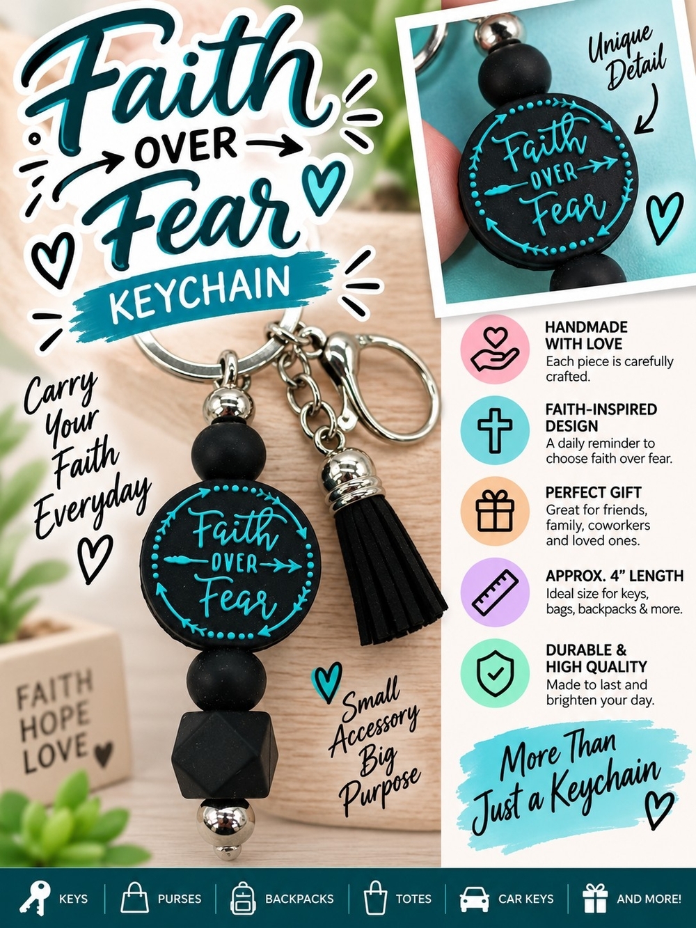 A79. Faith Over Fear Keychain Black NWT